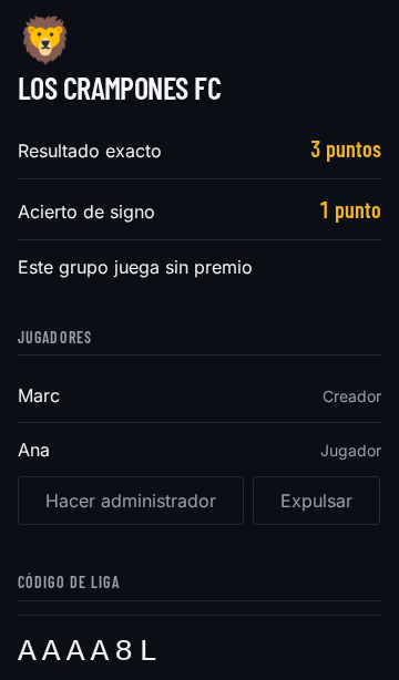 Pantalla del grupo: los jugadores, las reglas de puntuación y el código de liga para invitar